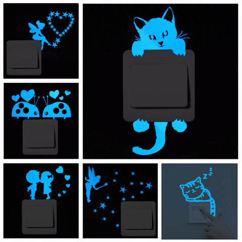 Cartoon Luminous Switch Sticker Glow in the Dark Wall Stickers Home Decor Kids Room Decoration Sticker Decal Cat Fairy