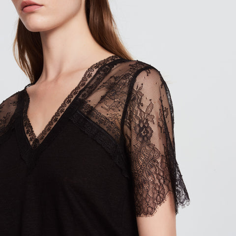 SANDRO Linen T-Shirt With Lace Insert