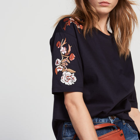SANDRO Floral Embroidery Cotton T-Shirt